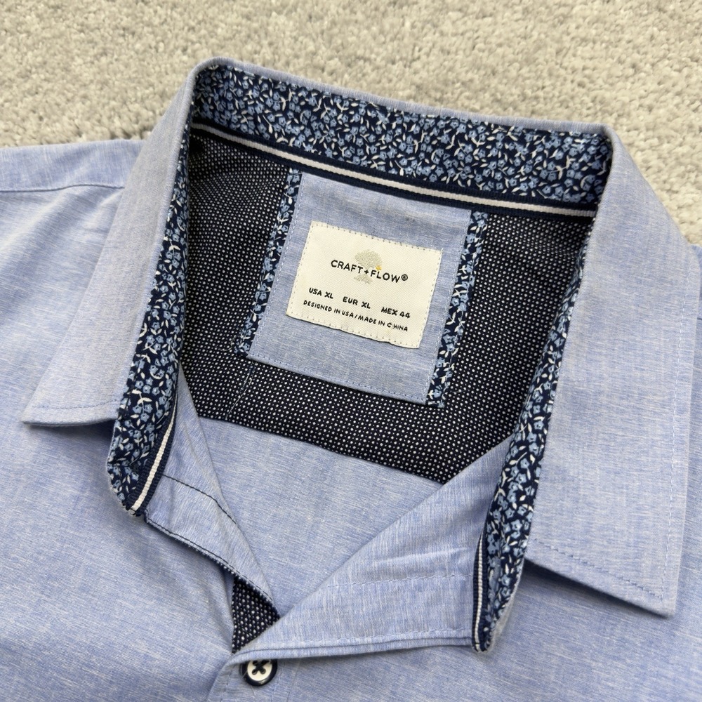 Craft + Flow Men's XL Blue Short Sleeve Button Up Shirt Stretch Contrast Trim